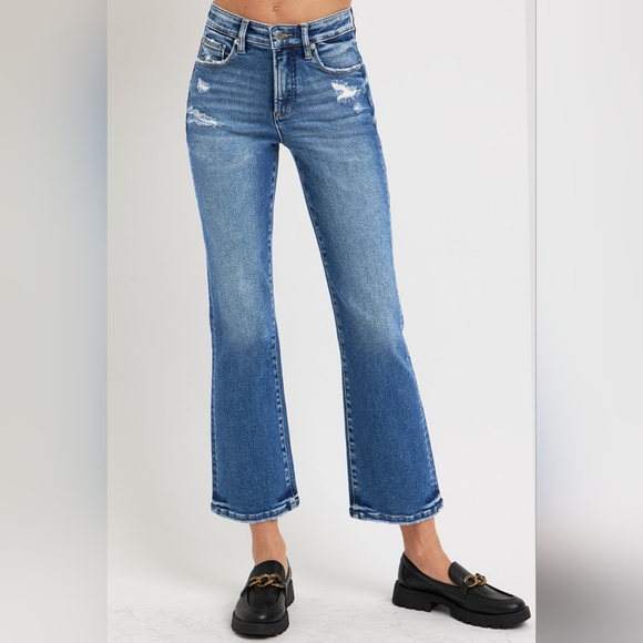 RISEN High-Rise Tummy Control Retro Jeans Distressed Bootcut Ankle Denim Pants - Picture 8 of 16